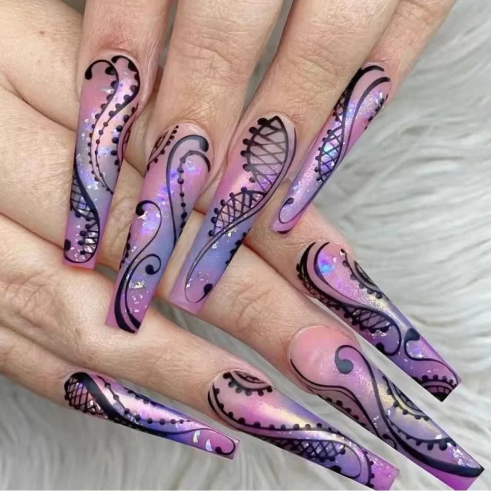 ✨ GORGEOUS 👑 Music Notes Lilac Purple Long Ombre Designed Press On Nails - Picture 1 of 5